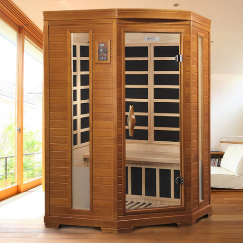Dynamic Saunas Heming 2-person Corner Low EMF (Under 8MG) FAR Infrared Sauna (Canadian Hemlock)